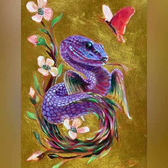 Original Dragon painting snake flying serpent handmade art gold accents Ettina - Picture 3 of 5